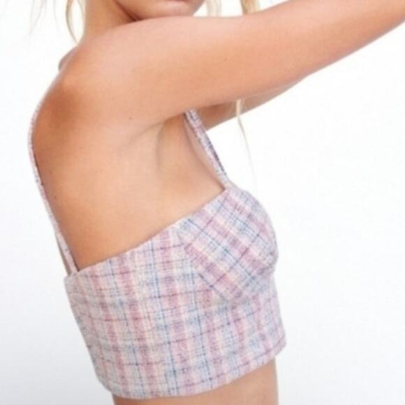 Zara Tweed Bustier Top Pink Blue XL Plaid Checkered Metallic Threading Crop Top - Picture 9 of 12
